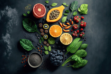Fruit, vegetables, seeds, superfoods, cereal, and leafy vegetables with a gray concrete background are examples of clean eating foods. Generative AI