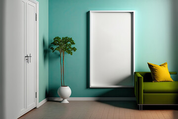 A mock up poster frame has been placed on the color wall of the empty room's stylish interior design. Decorations for the home. Generative AI