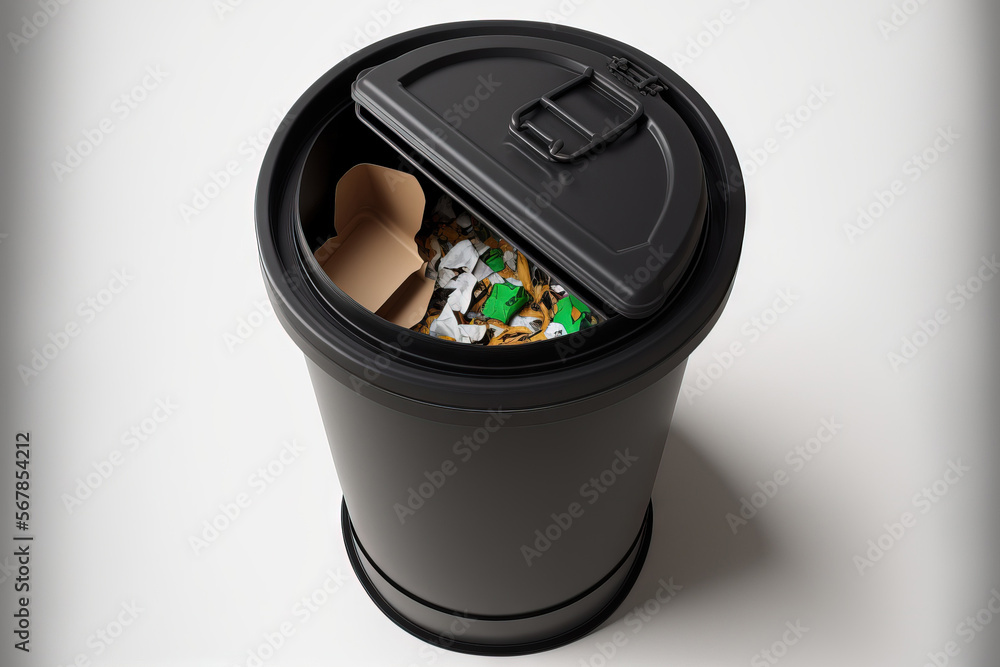 Poster a garbage container in top perspective against a white background. generative ai