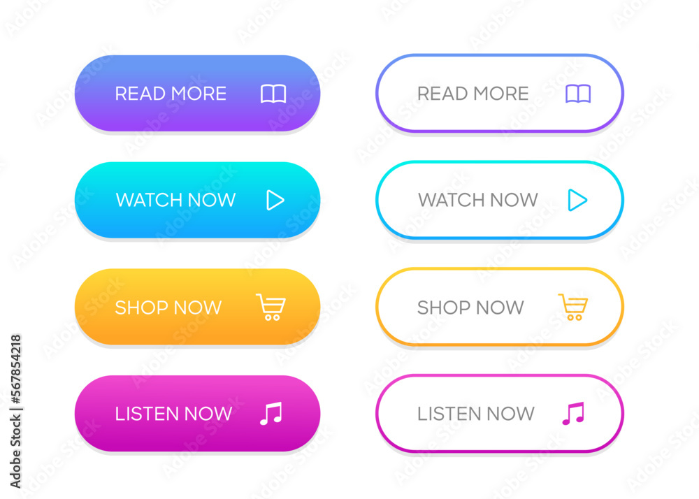Poster 3d click here web buttons. Set of action button, hand cursor and arrow pointing click link buttons. Add to cart, shop now, download buttons. Online shopping icons for UI UX website, mobile app.