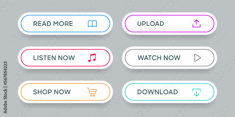 Aufkleber 3d click here web buttons. Set of action button, hand cursor and arrow pointing click link buttons. Add to cart, shop now, download buttons. Online shopping icons for UI UX website, mobile app.