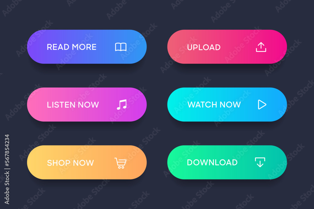 Poster 3d click here web buttons. Set of action button, hand cursor and arrow pointing click link buttons. Add to cart, shop now, download buttons. Online shopping icons for UI UX website, mobile app.