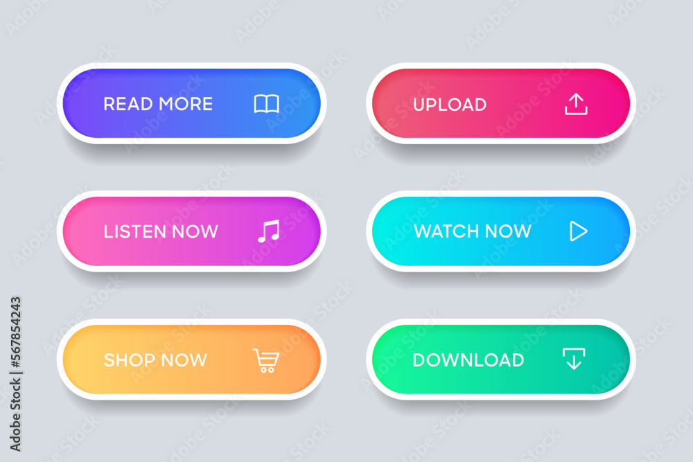 Aufkleber 3d click here web buttons. Set of action button, hand cursor and arrow pointing click link buttons. Add to cart, shop now, download buttons. Online shopping icons for UI UX website, mobile app.