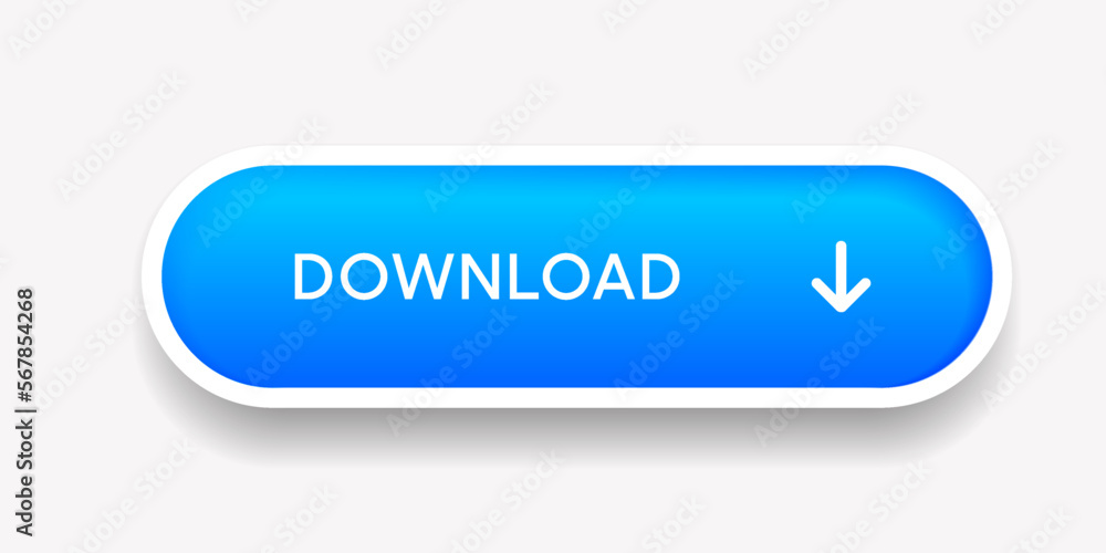 Poster 3D blue download button icon. Upload icon. Down arrow bottom side symbol. Click here button. Save cloud icon push button for UI UX, website, mobile application.