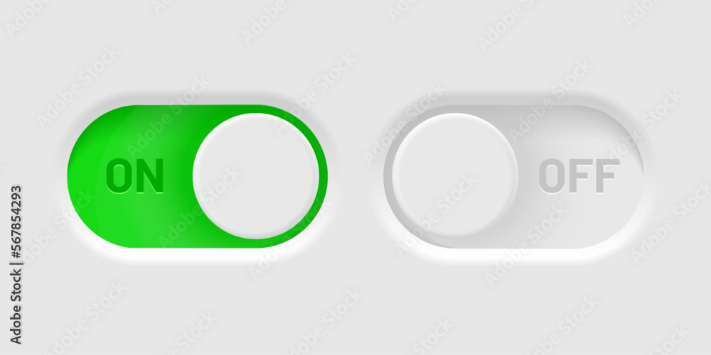 Poster 3d on and off toggle switch icons. Switch toggle buttons ON OFF. Material design switch buttons set. Open and close ui icons. Active and Inactive icon. Stock Vector.