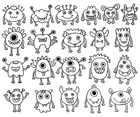 Vector set of eight cute monsters. Funny line hand-drawn aliens for coloring pages. Bundle of decorative design elements. Flat vector illustration. © Rina Design