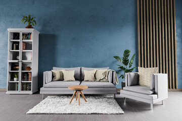 minimalistic modern elegant living room interior with single vintage sofa in front of blue wall, shelf and white carpet; copy space; 3D Illustration