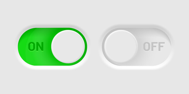 3d on and off toggle switch icons. Switch toggle buttons ON OFF. Material design switch buttons set. Open and close ui icons. Active and Inactive icon. Stock Vector.