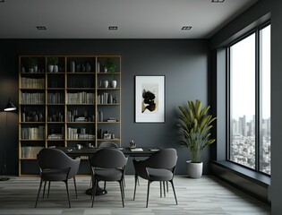 Front view on dark living room interior with empty grey wall, dining table, armchairs, panoramic window with skyscrapers, books on shelves, concrete floor. Concept of minimalist design. Generative AI