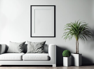 Minimalist poster frame mockup. contemporary furniture in the room. modern interior decor. design of the living room frame white background for the copy space Concept for the modern White House