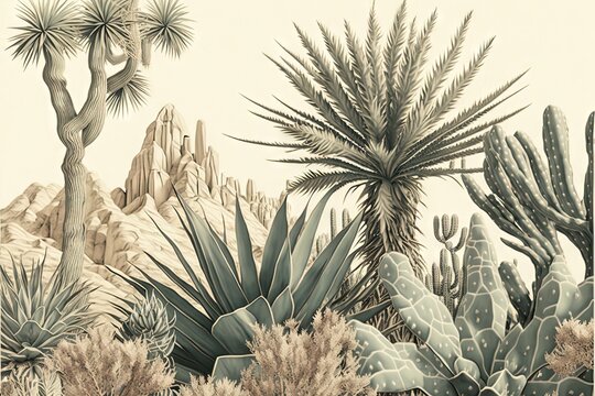  a drawing of a desert scene with cactus trees and mountains in the background, with a white sky in the background and a black and white photo of a cactus.  generative ai