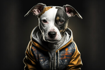 Portrait of dog wearing in streetwear. Animal wears Hip hop street fashion concept. Made with Generative AI