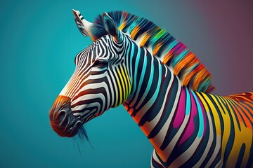 a colorful zebra standing in front of a blue sky with a rainbow colored tail and tail, with its head turned to the side, with its eyes closed.  generative ai