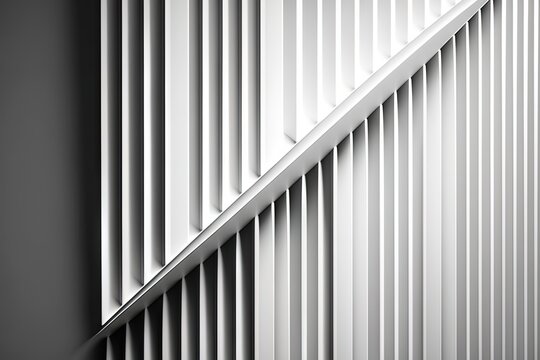  a black and white photo of a wall with vertical blinds on it's sides and a curved metal bar on the bottom of the wall.  generative ai