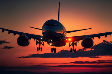 Fototapeta na wymiar Airplane landing against the sunset. Created with Generative AI technology.