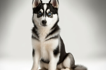 9 month old Siberian Husky sitting in front of white background. Generative AI