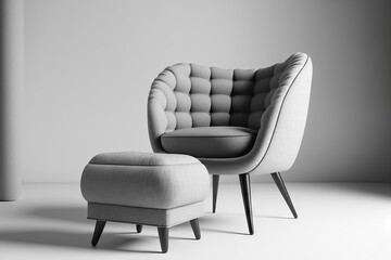 Fototapeta premium a little chair for legs and an armchair in gray. Contemporary designer chair against a white background. Chair and armchair made of textile. furniture collection. Generative AI