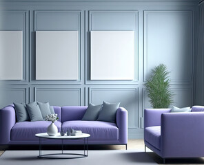 Living room lounge with large sofas. Violet blue very peri color 2022. Blank wall mockup empty gray painting. Lavender and white combination design interior and furniture. Generative AI
