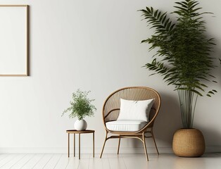 Empty white wall with rattan chair and coffee table on wooden floor. interior living room. Generative AI