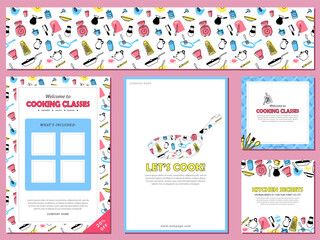Set of seamless pattern with kitchenware and 4 cards with invitation to cooking classes. Banners, posters with info about culinary courses with chef. Leaflets, flyers in pink, blue and yellow colors