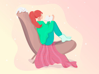 A young girl sitting in a cozy armchair with a blanket and a cat is reading a book. Vector illustration