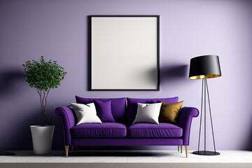 simple poster for an interior Create a mockup of the living room wall in purple with a contemporary sofa and other furnishings. duplicate space. Generative AI