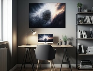 home office desk with space for a canvas print on the wall (). Generative AI