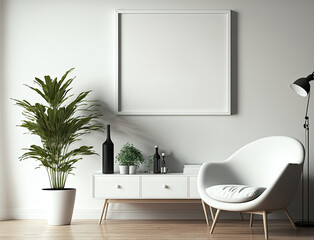 Mockup of a horizontal, white, modern and minimalist poster or picture frame in the living area. Generative AI