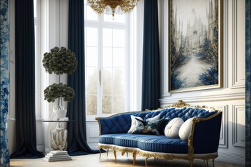 Luxury interior living room with big bright windows and good view sofa furniture
