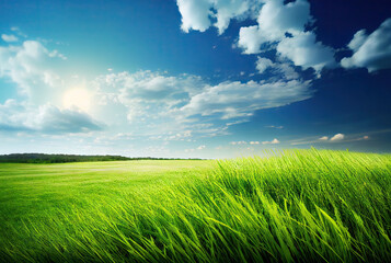 Obraz premium Landscape with green field and blue sky with clouds created with AI