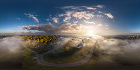 full hdri 360 panorama of earlier foggy morning and aerial view on medieval castle and promenade overlooking the old city and historic buildings near wide river in equirectangular projection