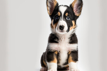 Welsh Cardigan Corgi adorable, fluffy puppy. white background with copy space and amusing animals. Generative AI