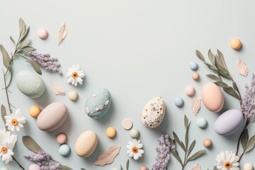 Obraz na płótnie Canvas Modern Easter background with Easter eggs and flowers in pastel colors, AI generated