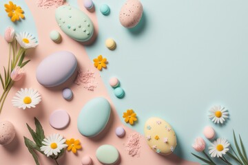 Fototapeta na wymiar Modern Easter background with Easter eggs and flowers in pastel colors, AI generated