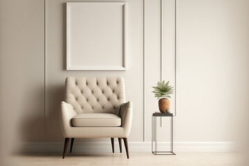 A contemporary room with a beige armchair and a white mock up wall. Generative AI