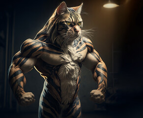 Fototapeta na wymiar A house cat all juiced up with muscles and tiger stripes holding his ground. Generative ai image of a pet cats head on a human bodybuilders body. Digital ai