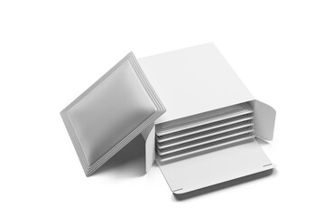 blank foil sachet with box packaging isolated on transparent background, prepared for mockup, 3D render.	