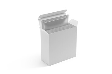 blank foil sachet with box packaging isolated on transparent background, prepared for mockup, 3D render.	