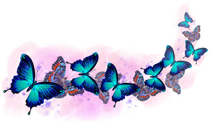 Watercolor decor made of blue butterflies on a pink background, for decorating postcards, invitations, posters