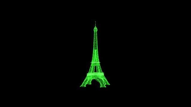 3D Eiffel Tower rotates on black background. Object consisting of green flickering particles 60 FPS. Science concept. Abstract bg for title, presentation. Screensaver. 3D animation