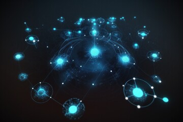 An abstract illustration of the cosmos, glowing blue energy balls, resembling the center of a solar system, with lines symbolising interconnectivity, created with Generative AI technology