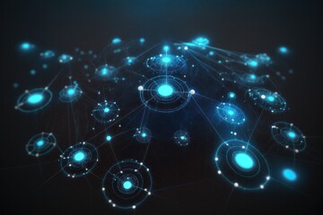 Obraz premium An abstract illustration of the cosmos, glowing blue energy balls, resembling the center of a solar system, with lines symbolising interconnectivity, created with Generative AI technology