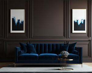 Living room or reception hall scene in deep dark colors. Combination of blue and chocolate brown. Empty wall blank beige background and dark navy couch. Luxury or art deco style. Generative AI