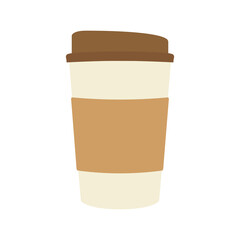 Disposable paper coffee cup with light brown label. Paper cup. Isolated on white background disposable lid brown, white paper coffee cup. Vector illustration.