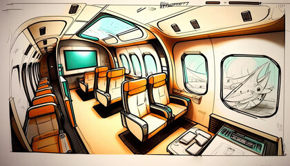 Airplane Interior Industrial Design Sketch-AI Generated 