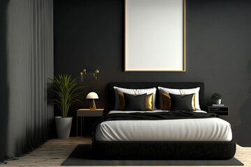 Black wall mockup in a fashionable, minimalistic bedroom. Generative AI
