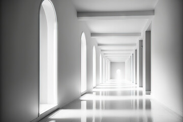 Background of building hallway in white blur (corridor). Generative AI