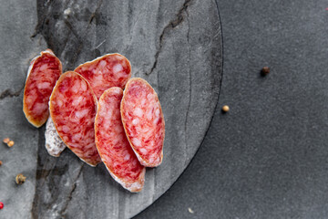 Fuet sausage cured spanish meat product meal food snack on the table copy space food background rustic top view