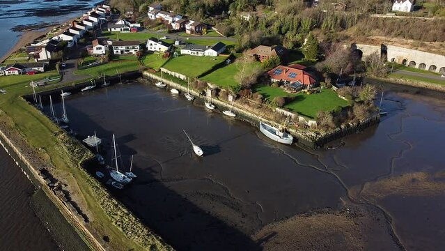 Village in Scotland: Charlestown Harbour aerial view.  Harbour's historical place in Scotland. The harbour was  used for passenger steamers in the 19th century