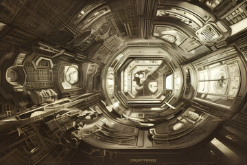 Obraz premium Alien Spacecraft Internal Structural View Dark Empty Corridors created with Generative AI technology